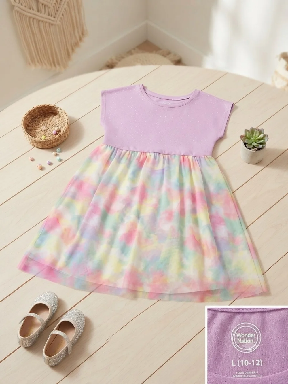 Wonder Nation Pastel Tie Dye Glitter Mesh Dress Girls Large 10-12